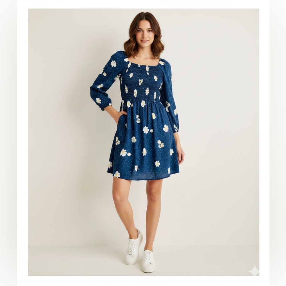 AUW Navy Dress with White Floral Accents
